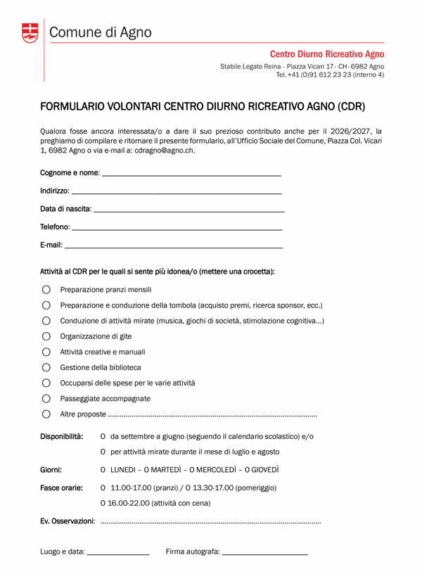 Formulario Volontari CDR Agno